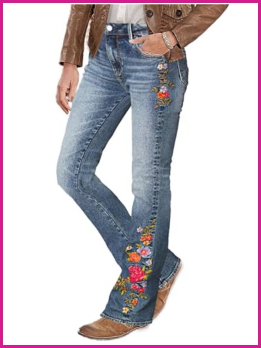 Flamingals Women's Floral Embroidery Mid Waist High Stretch Bootcut Jeans